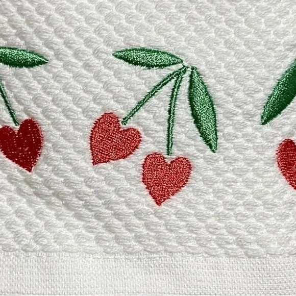 NEW Casaba Embroidered Kitchen Towel Set of 3 Hearts Solid Pink Cherries Cotton - Picture 3 of 7
